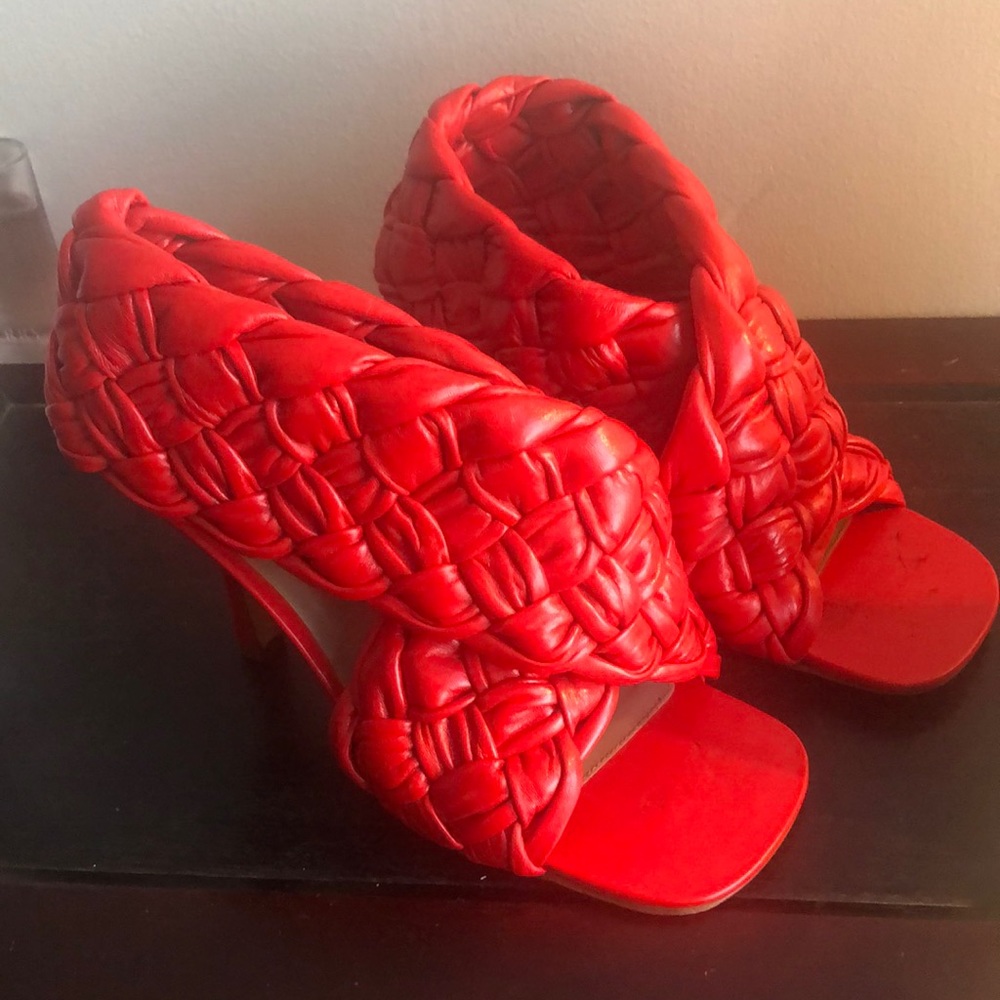 Red Leather The Board Heeled Sandals 39 by Bottega Veneta